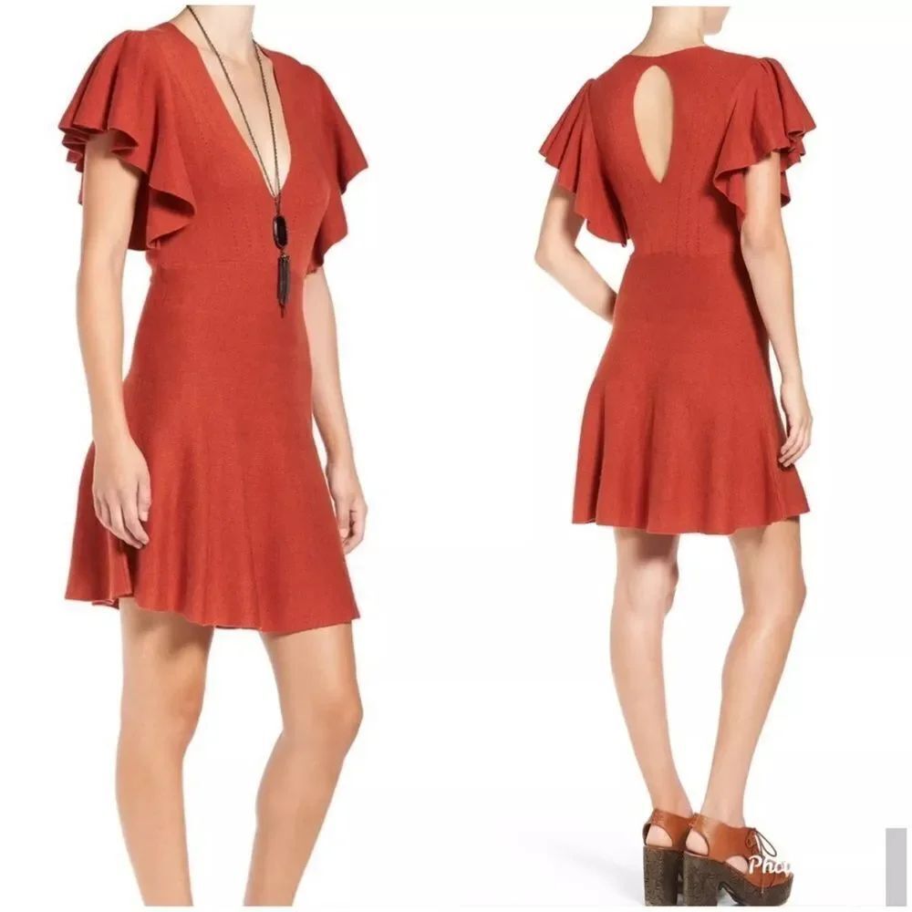 NWT Free People Flutter Sleeve Flare Dress Rusty Red✨